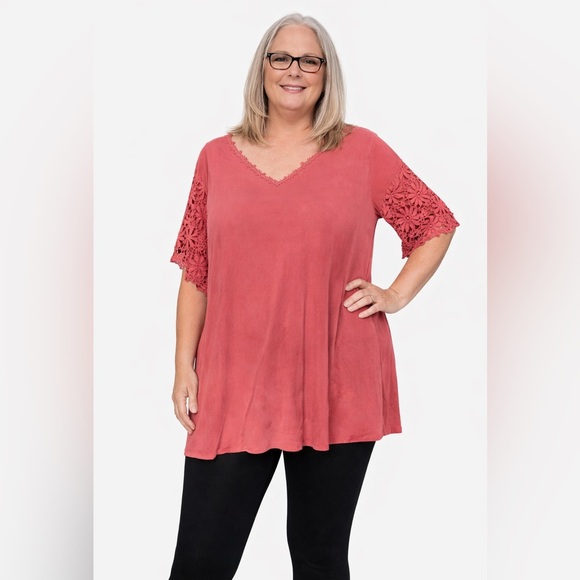 BloomChick Dusty Rose Shirt with Lace Sleeves Lace Sleeves. - Picture 2 of 8